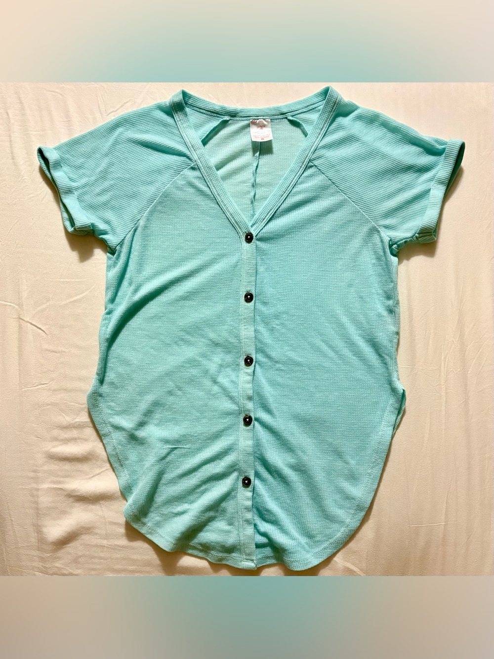 No Boundaries Junior's Blue Button V-Neck Short Cuff Sleeve Long Shirt Size XS